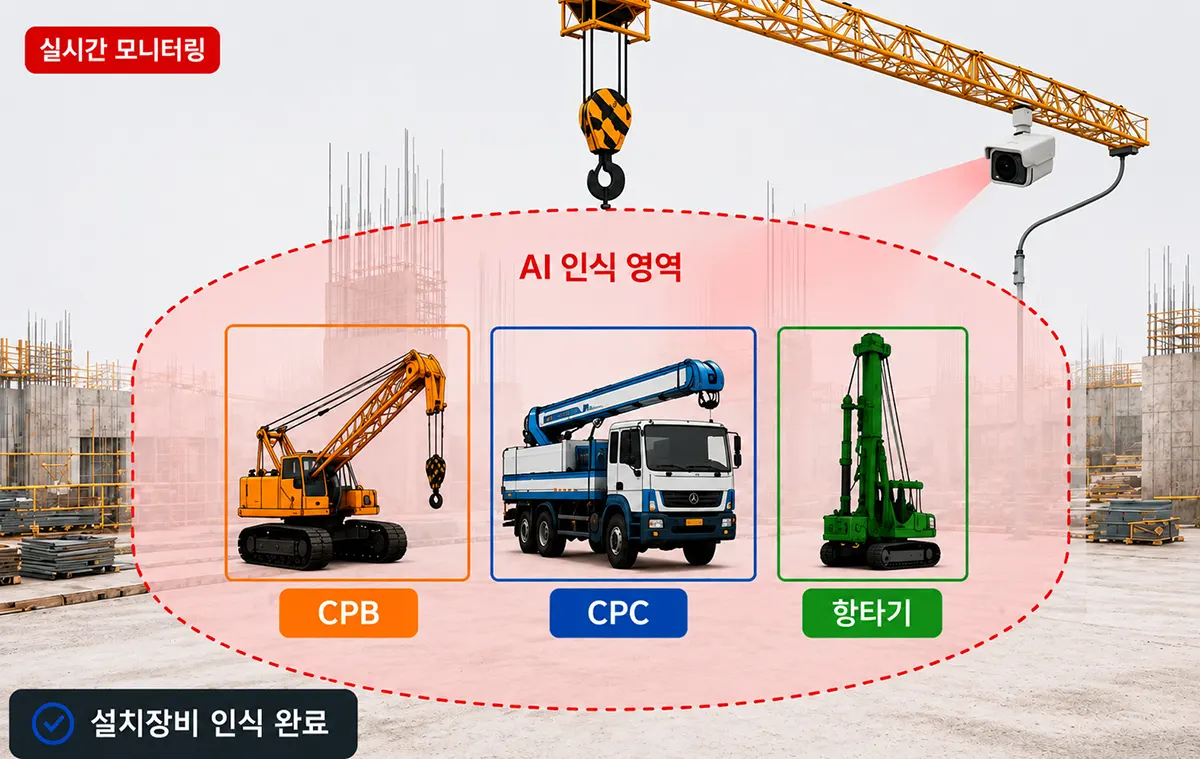 AI 인식 영역 내 CPB·CPC·항타기· 설치장비가 감지된 실시간 모니터링 현장 화면 — 설치장비 인식 완료 표시
