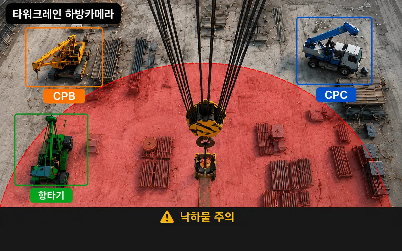 AI 설치장비 인식 모니터 화면 — CPB·CPC·항타기· 인식 중 상태와 작업반경 진입 감지 경고가 표시된 관제 화면