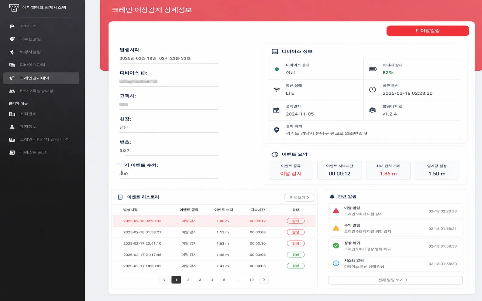 크레인 이상감지 상세정보가 표시된 관리자 웹페이지 화면 캡처