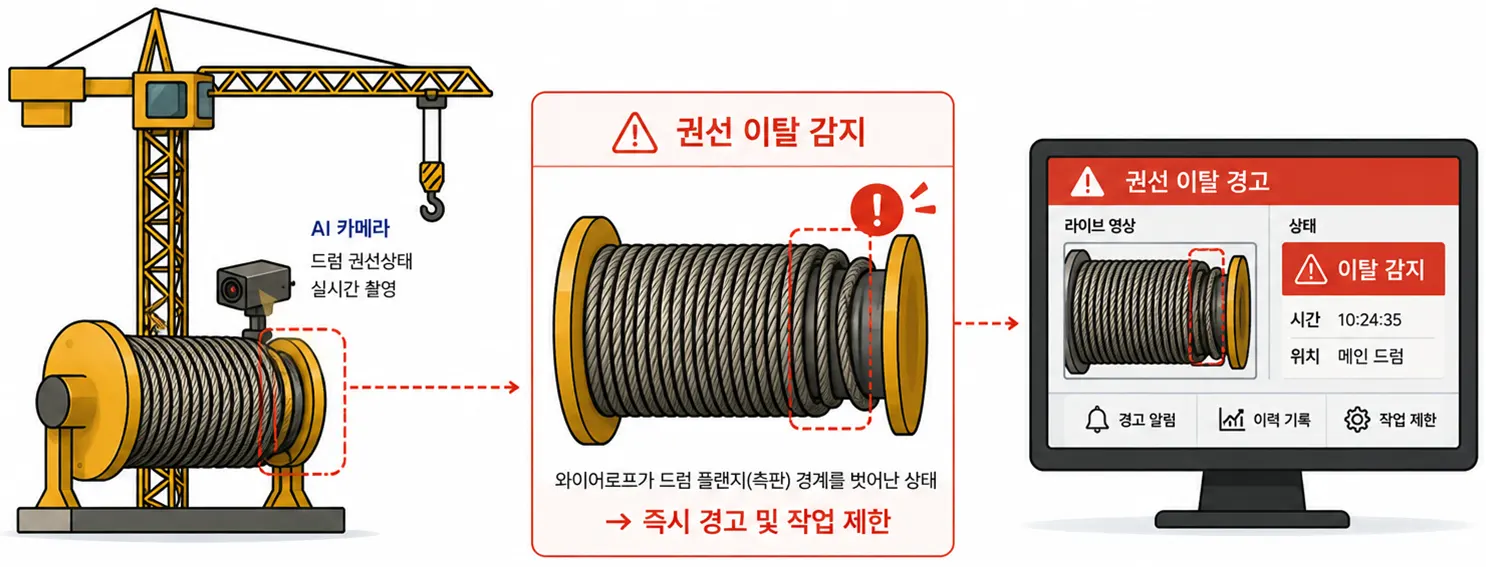 AI 카메라가 드럼 권선 상태를 촬영하고, 권선 이탈 감지 시 관제 화면에 경고를 표출하는 개념도