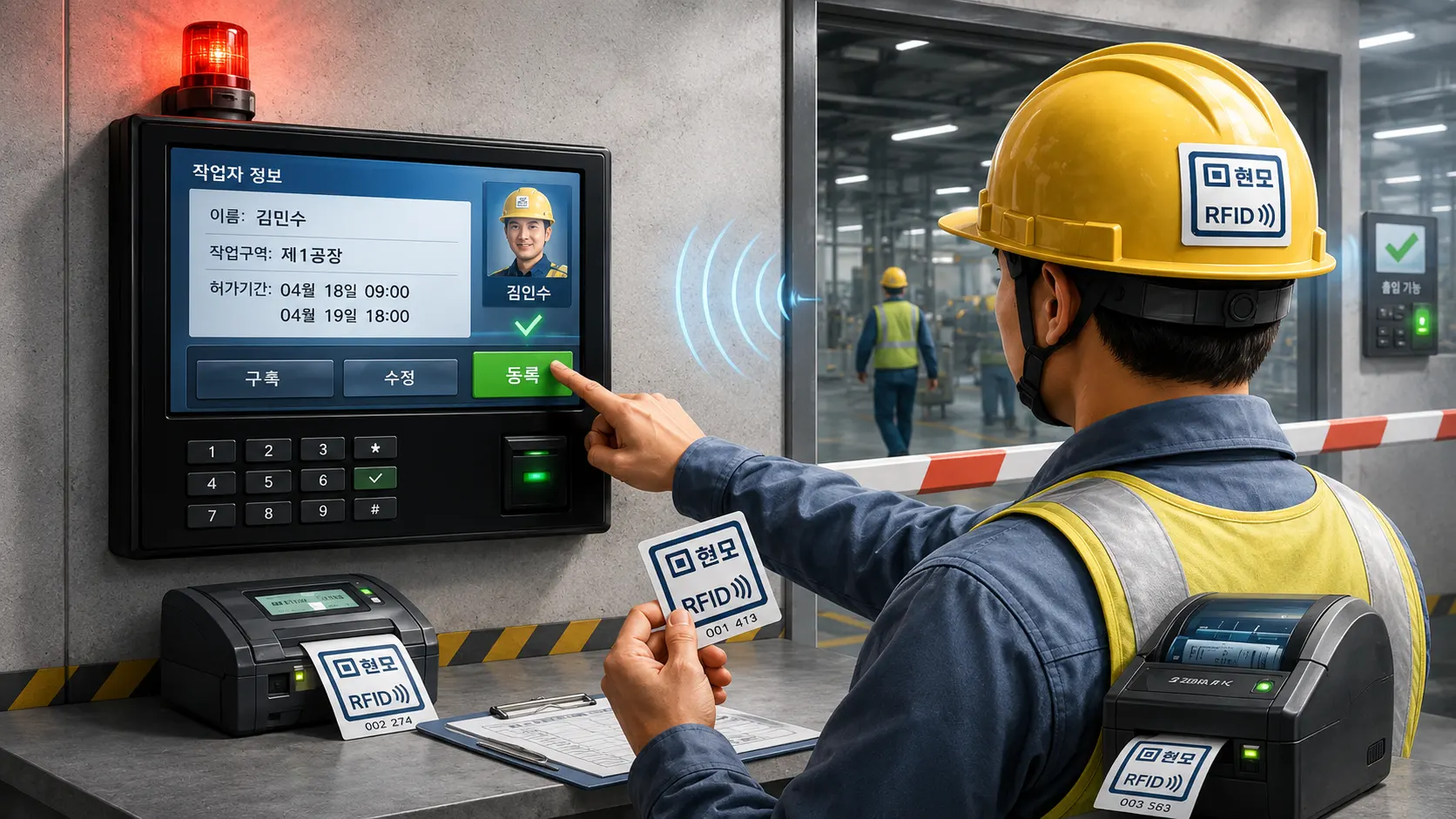 작업자가 출입 인증 단말기에 RFID 태그를 인식시키는 모습 — 화면에 인증 정보 표시