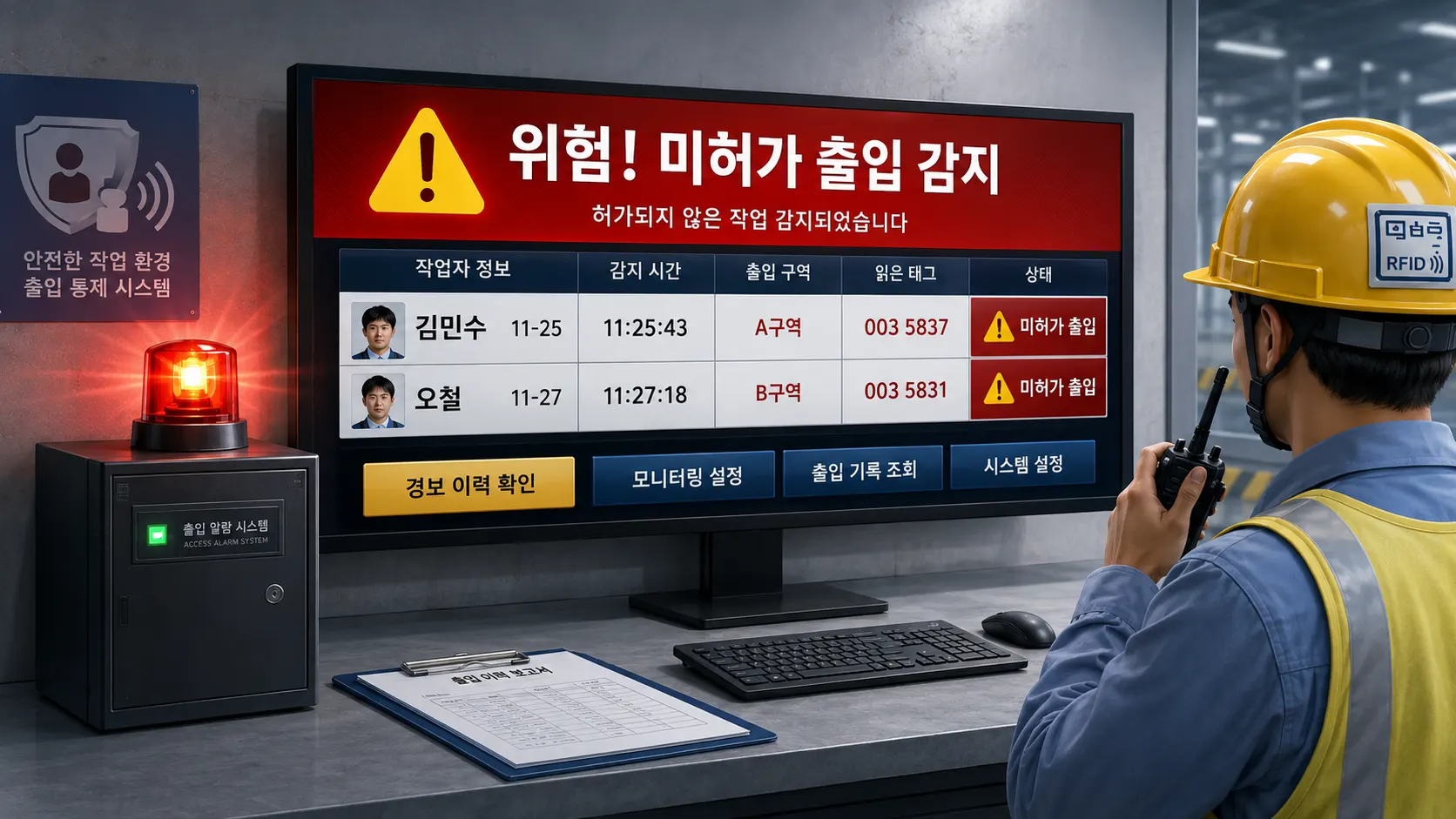 관리 PC 화면 — '위험! 미허가 돌입 감지' 적색 알림과 잔류 인원 리스트 표시