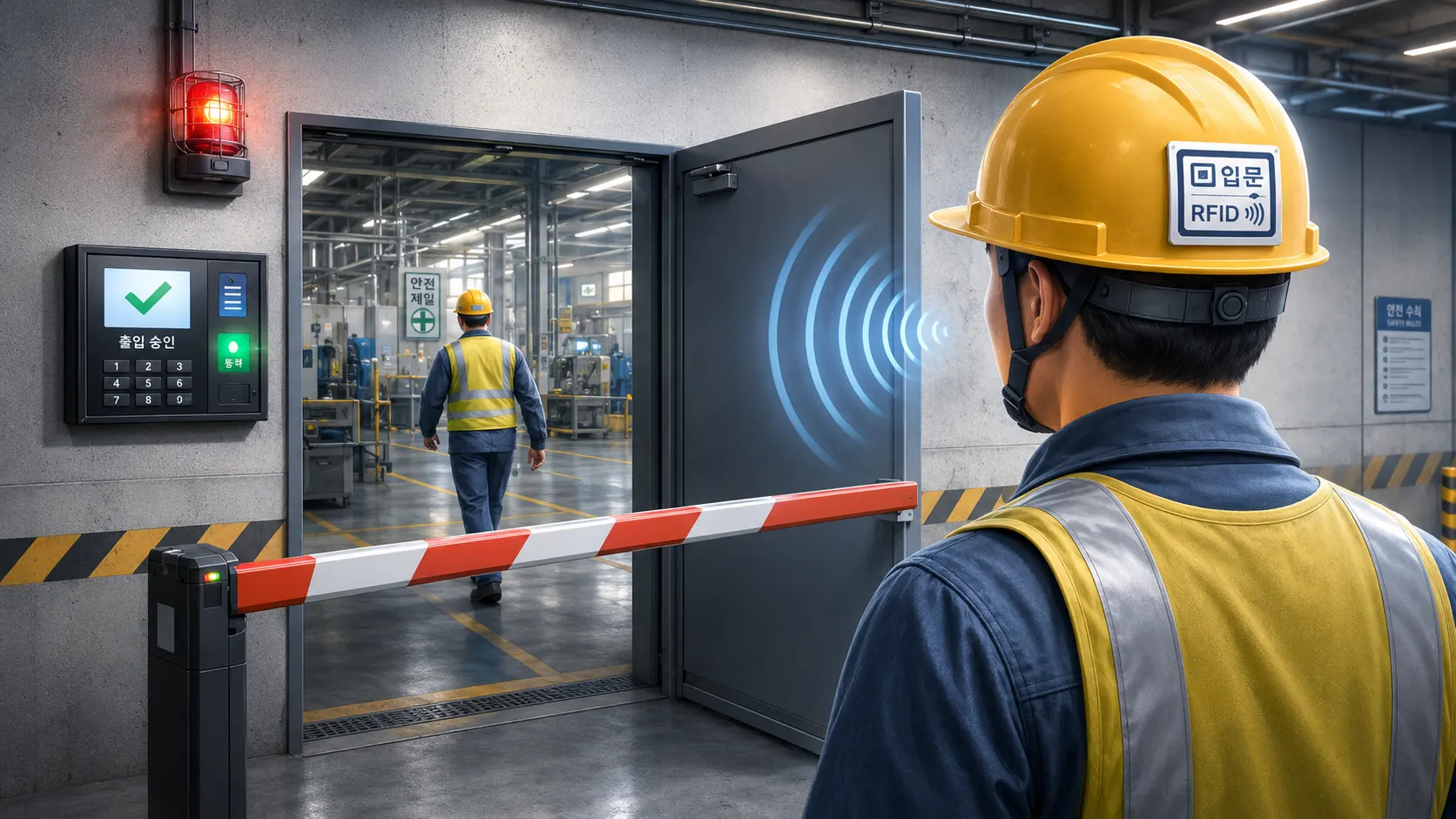 공장별 QR코드 분리 관리 — 안전모에 부착된 RFID 스티커와 QR코드 색상 구분 예시
