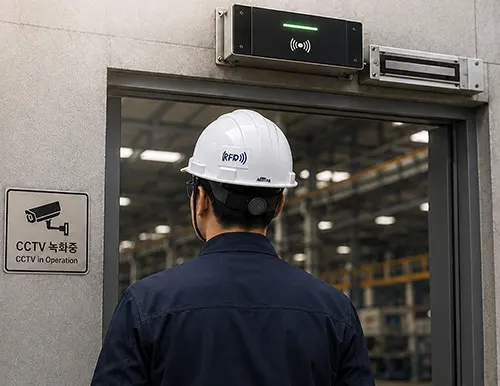 공장 출입문 관리 시스템 — 출입 인증 단말기에 작업자 정보가 표시된 화면과 RFID 태그 인식 모습