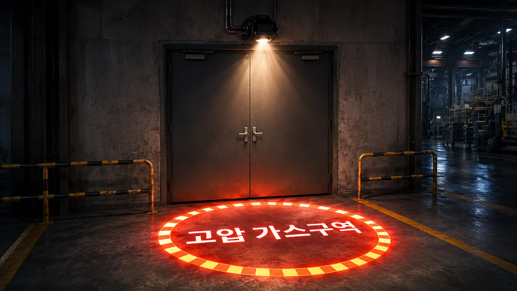 고압 가스구역 바닥 투사 — 출입문 앞 바닥에 적색 원형 경고 표시와 '고압 가스구역' 문구가 투사된 실제 적용 모습