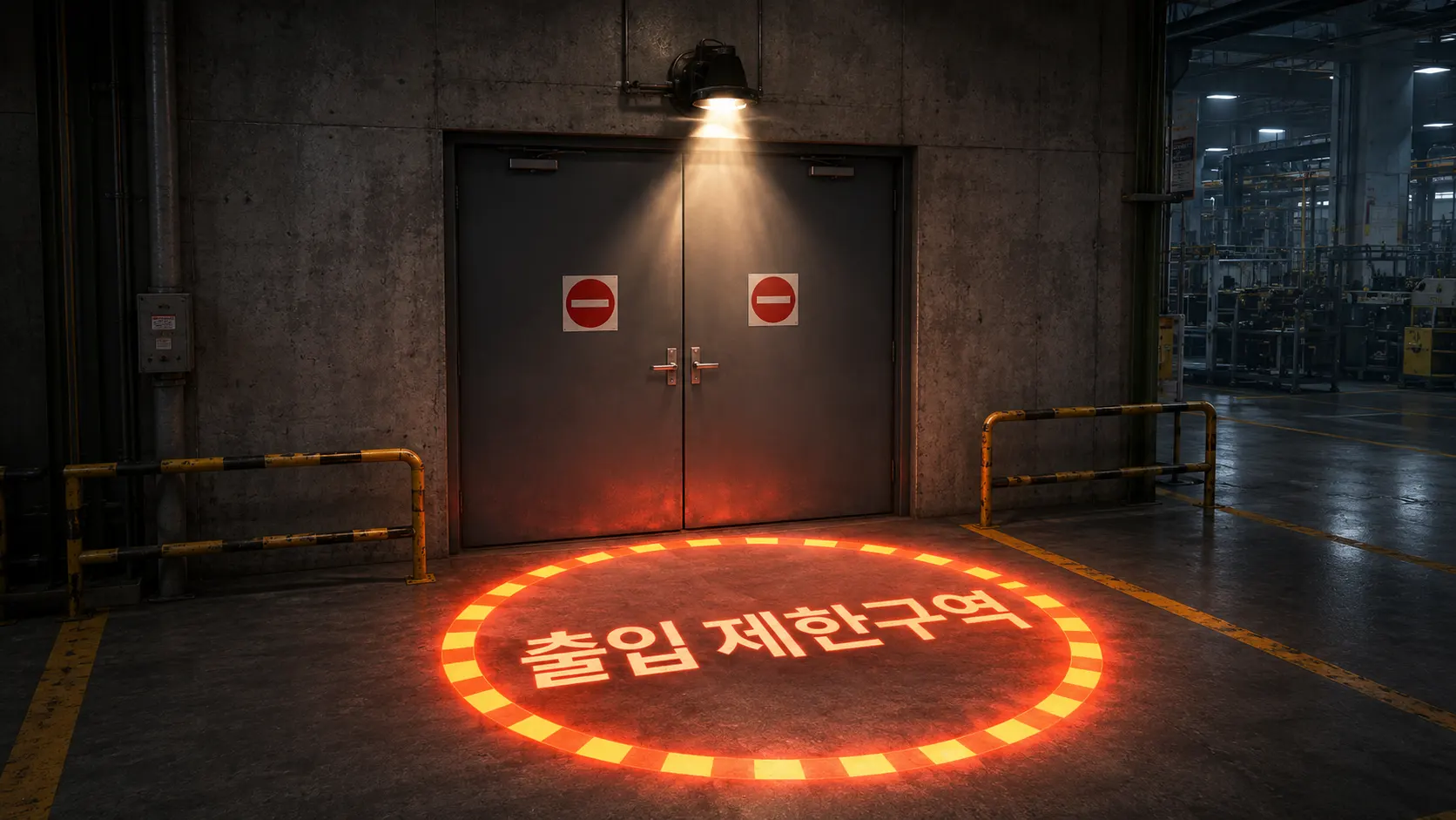 출입 제한구역 바닥 투사 — 양문형 출입구 앞 바닥에 적색 원형 경고 표시와 '출입 제한구역' 문구가 투사된 실제 적용 모습