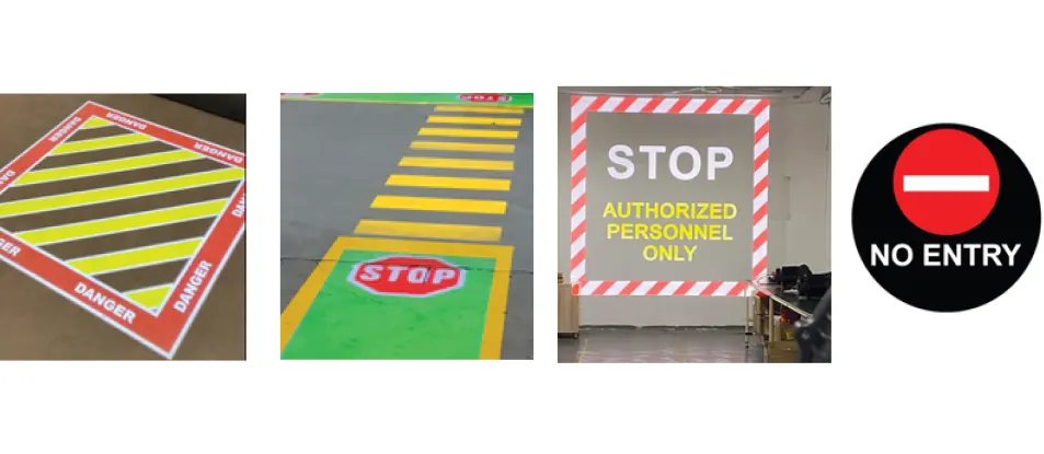 출입통제 / 위험구역 표시 예시 — 노란·검정 줄무늬 안전구역, STOP, AUTHORIZED PERSONNEL ONLY, NO ENTRY 4종 바닥 투사 이미지