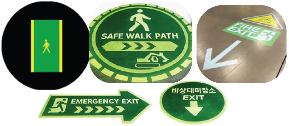 안전 통로 안내 — 보행자 통로, SAFE WALK PATH, EXIT 방향, EMERGENCY EXIT, 비상대피장소 EXIT 등 안내 표시 예시