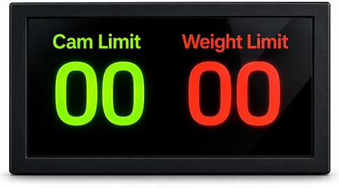 크레인 주권 Upper 안전 Monitoring 장치 본체 — 15인치 LCD 모니터에 Cam Limit·Weight Limit 카운트가 표시된 사진