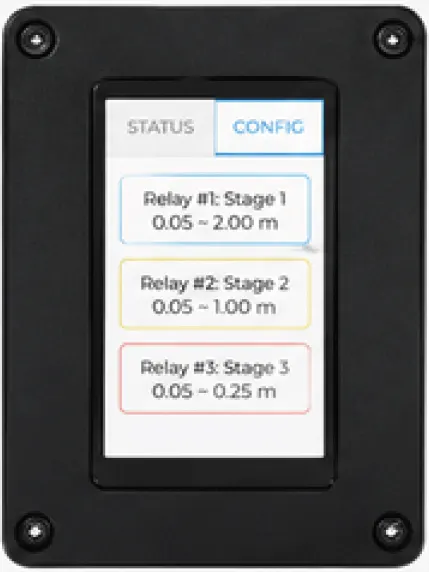CONFIG 메뉴 화면 — Relay #1 Stage 1, Relay #2 Stage 2, Relay #3 Stage 3 표시