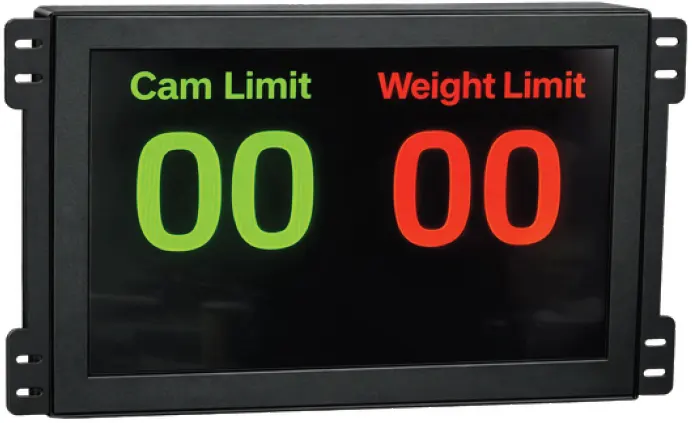 LCD 모니터에 Cam Limit 00(녹색)과 Weight Limit 00(적색) 카운트가 표시된 실제 화면