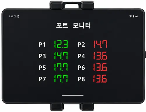 물류크레인 마그네트 전원 공급 실시간 모니터링 장치 태블릿 모니터 — P1~P8 포트별 전류값이 녹색·적색으로 표시된 LCD 화면