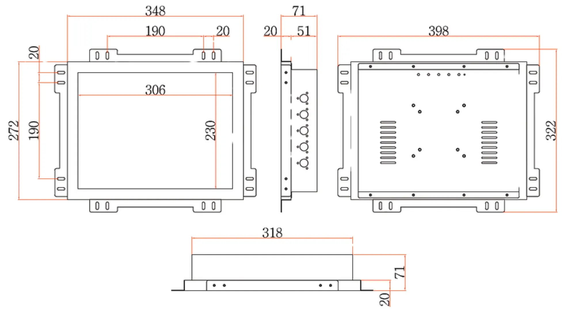 15인치 모니터 정면·측면·후면 치수 도면 — 모니터 사이즈 348(W) × 272(H) × 20(D)mm, 브라켓 포함 전체 398(W) × 332(H) × 71(D)mm