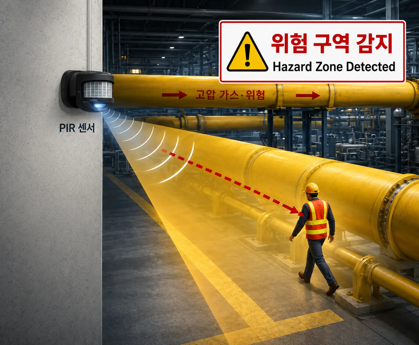 위험구역 알림 적용 예시 2 — PIR 센서가 작업자 진입을 감지하여 '위험 구역 감지(Hazard Zone Detected)' 알림이 표시된 모습
