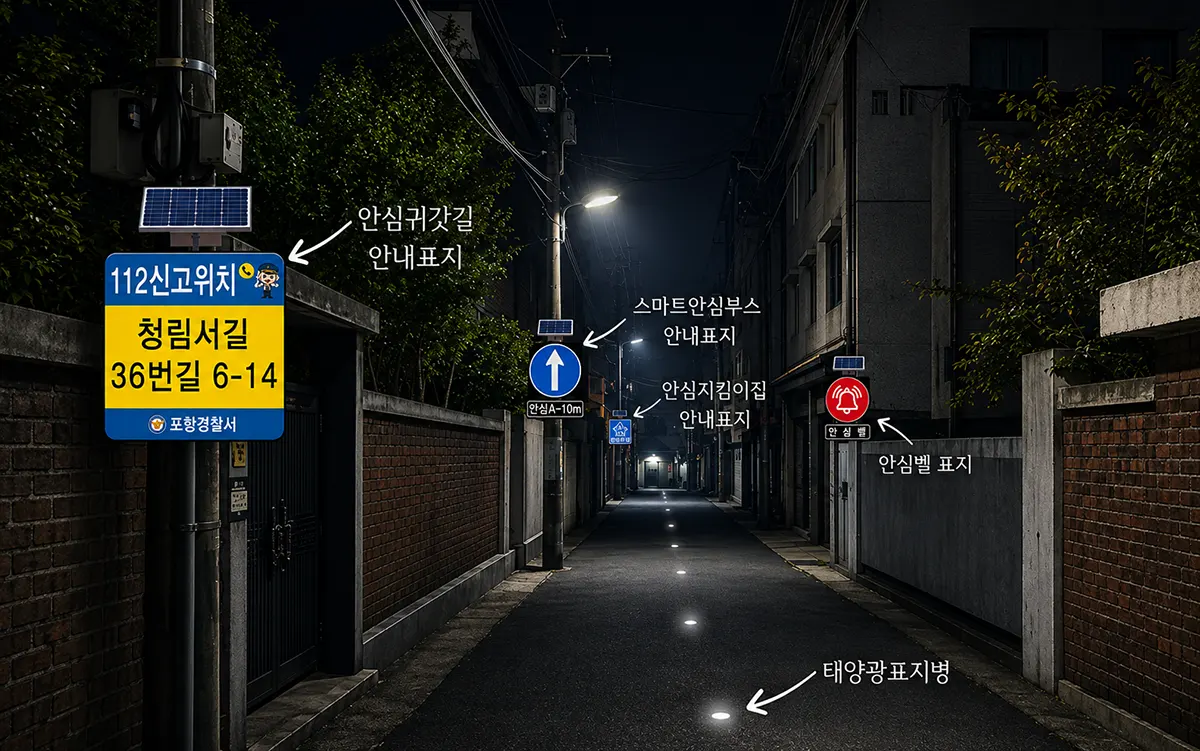 안심귀갓길 안내표지·112신고위치·스마트안심부스·안심지킴이집·안심벨·태양광표지병 개념도